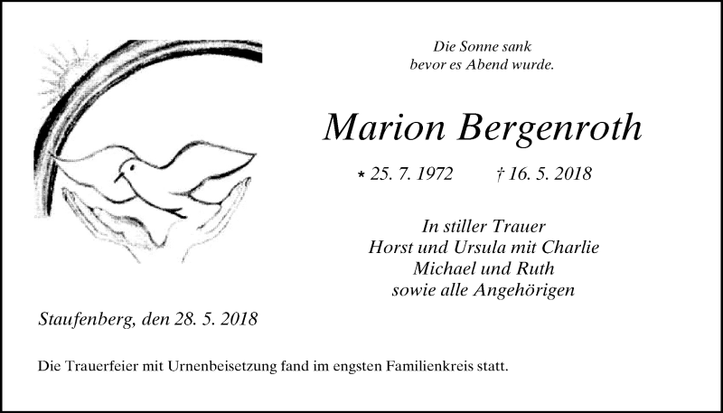  Traueranzeige für Marion Bergenroth vom 28.05.2018 aus Giessener Allgemeine, Alsfelder Allgemeine