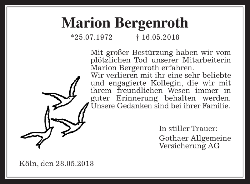  Traueranzeige für Marion Bergenroth vom 29.05.2018 aus Giessener Allgemeine, Alsfelder Allgemeine, Wetterauer Zeitung, Wetterauer Zeitung