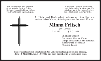 Traueranzeige von Minna Fritsch von Giessener Allgemeine, Alsfelder Allgemeine