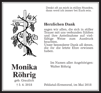 Traueranzeige von Monika Röhrig von Alsfelder Allgemeine