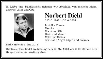 Traueranzeige von Norbert Diehl von Wetterauer Zeitung, Wetterauer Zeitung