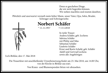 Traueranzeige von Norbert Schäfer von Licher Wochenblatt, Licher Wochenblatt, Licher Wochenblatt