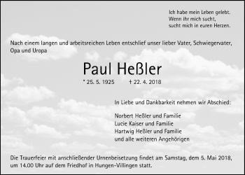 Traueranzeige von Paul Heßler von Licher Wochenblatt, Licher Wochenblatt, Licher Wochenblatt