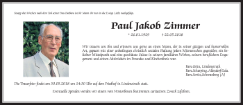 Traueranzeige von Paul Jakob Zimmer von Giessener Allgemeine, Alsfelder Allgemeine