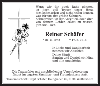 Traueranzeige von Reiner Schäfer von Wetterauer Zeitung, Wetterauer Zeitung