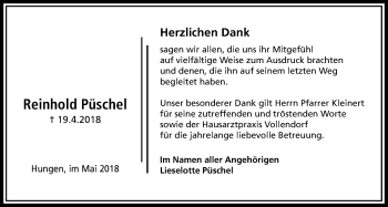 Traueranzeige von Reinhold Püschel von Licher Wochenblatt, Licher Wochenblatt, Licher Wochenblatt