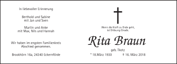 Traueranzeige von Rita Braun von Wetterauer Zeitung, Wetterauer Zeitung