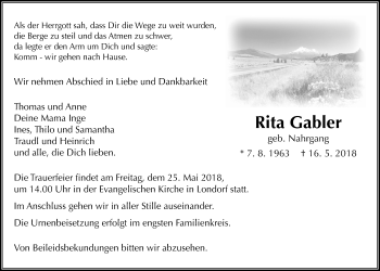 Traueranzeige von Rita Gabler von Giessener Allgemeine, Alsfelder Allgemeine