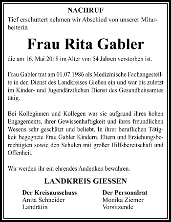 Traueranzeige von Rita Gabler von Giessener Allgemeine, Alsfelder Allgemeine