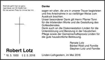 Traueranzeige von Robert Lotz von Giessener Allgemeine, Alsfelder Allgemeine