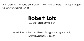 Traueranzeige von Robert Lotz von Giessener Allgemeine, Alsfelder Allgemeine
