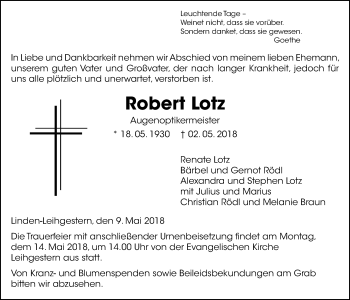 Traueranzeige von Robert Lotz von Giessener Allgemeine, Alsfelder Allgemeine
