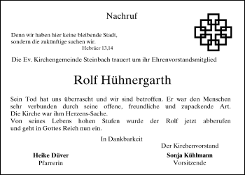 Traueranzeige von Rolf Hühnergarth von Giessener Allgemeine, Alsfelder Allgemeine
