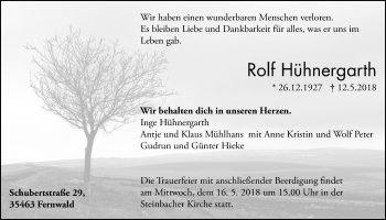 Traueranzeige von Rolf Hühnergarth von Giessener Allgemeine, Alsfelder Allgemeine