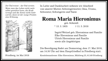 Traueranzeige von Roma Maria Hieronimus von Wetterauer Zeitung, Wetterauer Zeitung