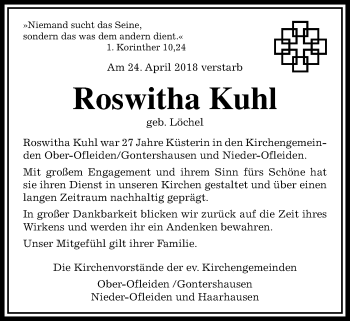 Traueranzeige von Roswitha Kuhl von Giessener Allgemeine, Alsfelder Allgemeine, Alsfelder Allgemeine