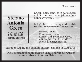 Traueranzeige von Stefano Antonio Greco von Wetterauer Zeitung, Wetterauer Zeitung