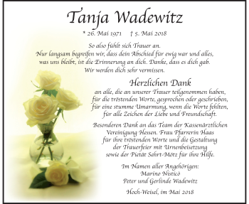 Traueranzeige von Tanja Wadewitz von Wetterauer Zeitung, Wetterauer Zeitung