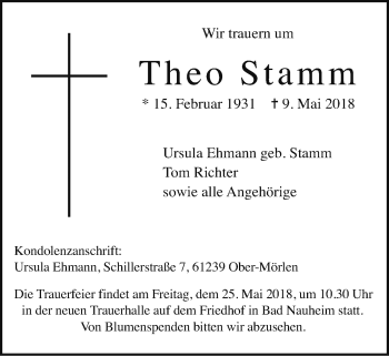 Traueranzeige von Theo Stamm von Wetterauer Zeitung, Wetterauer Zeitung