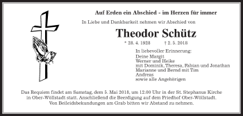 Traueranzeige von Theodor Schütz von Wetterauer Zeitung, Wetterauer Zeitung