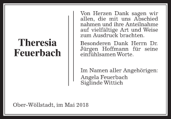 Traueranzeige von Theresia Feuerbach von Wetterauer Zeitung, Wetterauer Zeitung