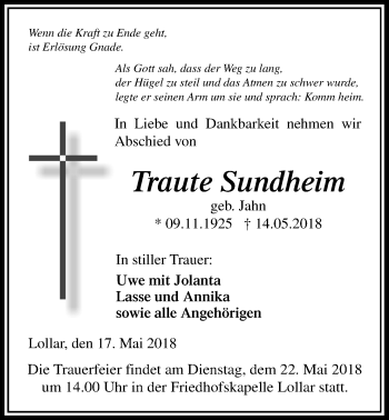 Traueranzeige von Traute Sundheim von Giessener Allgemeine, Alsfelder Allgemeine