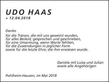 Traueranzeige von Udo Haas von Pohlheimer Nachrichten
