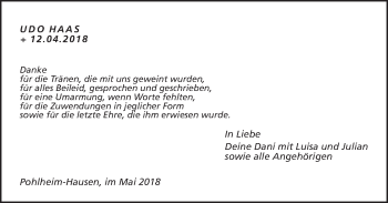 Traueranzeige von Udo Haas von Giessener Allgemeine, Alsfelder Allgemeine