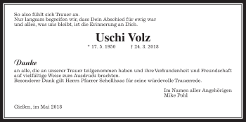 Traueranzeige von Uschi Volz von Giessener Allgemeine, Alsfelder Allgemeine