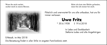 Traueranzeige von Uwe Fritz von Licher Wochenblatt, Licher Wochenblatt, Licher Wochenblatt