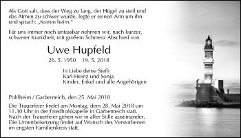 Traueranzeige von Uwe Hupfeld von Pohlheimer Nachrichten
