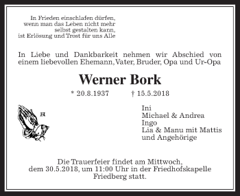 Traueranzeige von Werner Bork von Wetterauer Zeitung, Wetterauer Zeitung