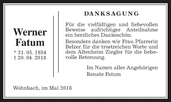 Traueranzeige von Werner Fatum von Wetterauer Zeitung, Wetterauer Zeitung
