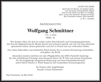 Traueranzeige von Wolfgang Schmittner von Wetterauer Zeitung, Wetterauer Zeitung