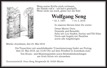 Traueranzeige von Wolfgang Seng von Giessener Allgemeine, Alsfelder Allgemeine
