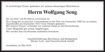 Traueranzeige von Wolfgang Seng von Mücker Stimme