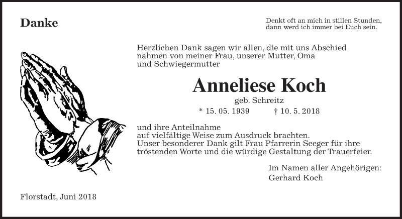  Traueranzeige für Anneliese Koch vom 16.06.2018 aus Wetterauer Zeitung, Wetterauer Zeitung