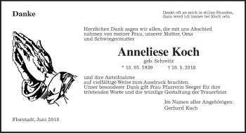 Traueranzeige von Anneliese Koch von Wetterauer Zeitung, Wetterauer Zeitung