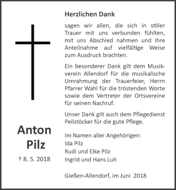 Traueranzeige von Anton Pilz von Giessener Allgemeine, Alsfelder Allgemeine