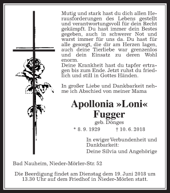 Traueranzeige von Apollonia Fugger von Wetterauer Zeitung, Wetterauer Zeitung
