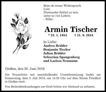 Traueranzeige von Armin Tischer von Giessener Allgemeine, Alsfelder Allgemeine