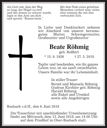 Traueranzeige von Beate Röhmig von Wetterauer Zeitung, Wetterauer Zeitung