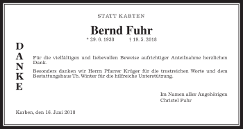 Traueranzeige von Bernd Fuhr von Wetterauer Zeitung