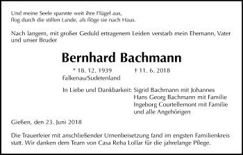 Traueranzeige von Bernhard Bachmann von Giessener Allgemeine, Alsfelder Allgemeine