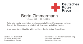 Traueranzeige von Berta Zimmermann von Wetterauer Zeitung, Wetterauer Zeitung