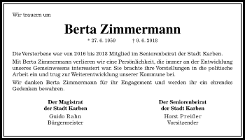 Traueranzeige von Berta Zimmermann von Wetterauer Zeitung