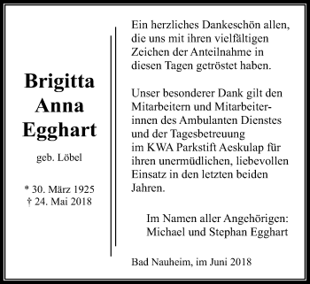 Traueranzeige von Brigitta Anna Egghart von Wetterauer Zeitung, Wetterauer Zeitung