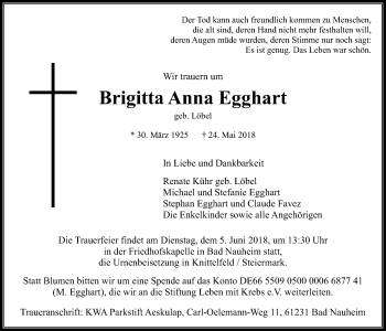 Traueranzeige von Brigitta Anna Egghart von Wetterauer Zeitung, Wetterauer Zeitung