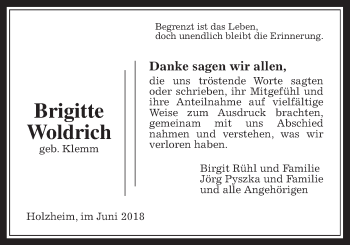 Traueranzeige von Brigitte Woldrich von Pohlheimer Nachrichten