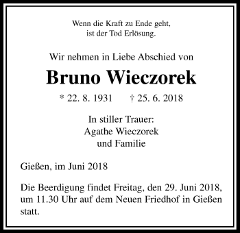 Traueranzeige von Bruno Wieczorek von Giessener Allgemeine, Alsfelder Allgemeine
